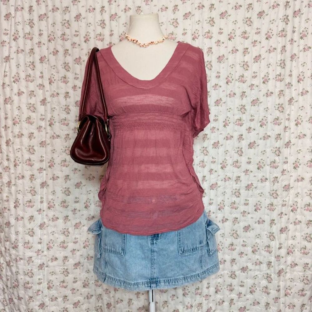 2000s Mauve Stripe Sheer Top Draped Sleeves Women’s Medium Y2K